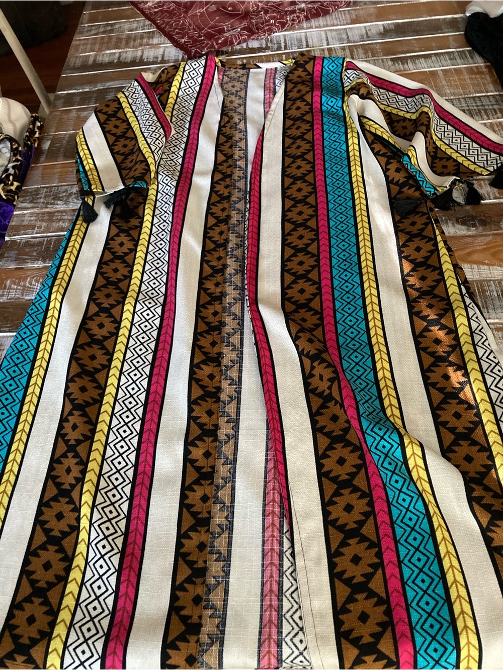 Striped Boho Kimono in Turquoise, Pink, Yellow & Brown